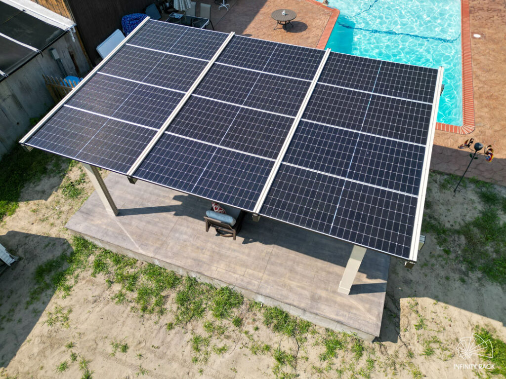 Solar pergola creating a shaded outdoor living area beside a residential pool