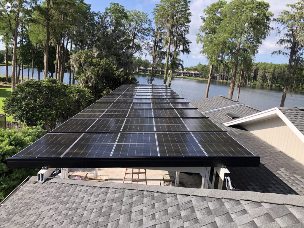 Solar pergolas installed to provide elevated outdoor living space and power generation
