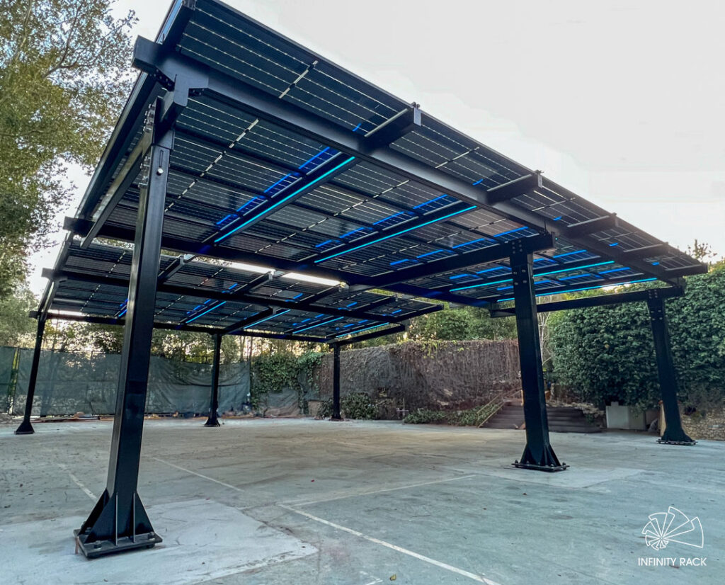 Solar pavilion created using two single cantilever structures providing covered event and gathering space