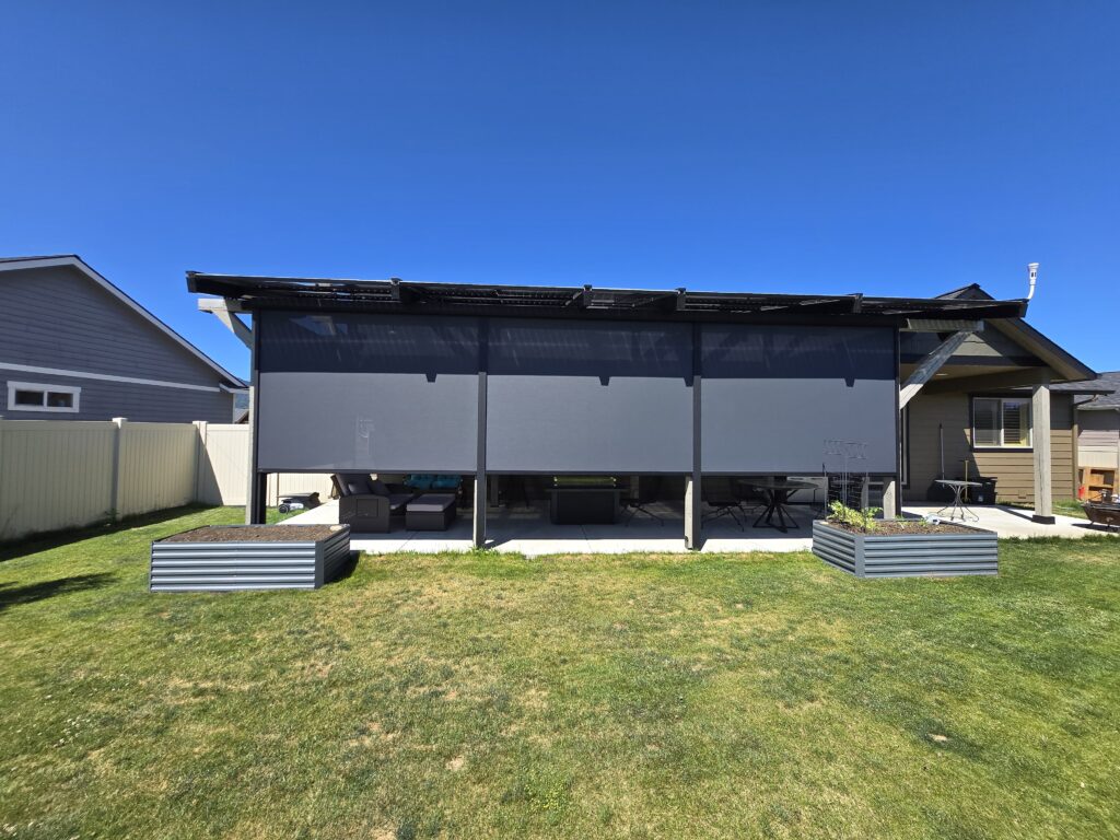 Roof-only solar canopy installed DIY by a homeowner with remote training support completed with mechanical drop down shades