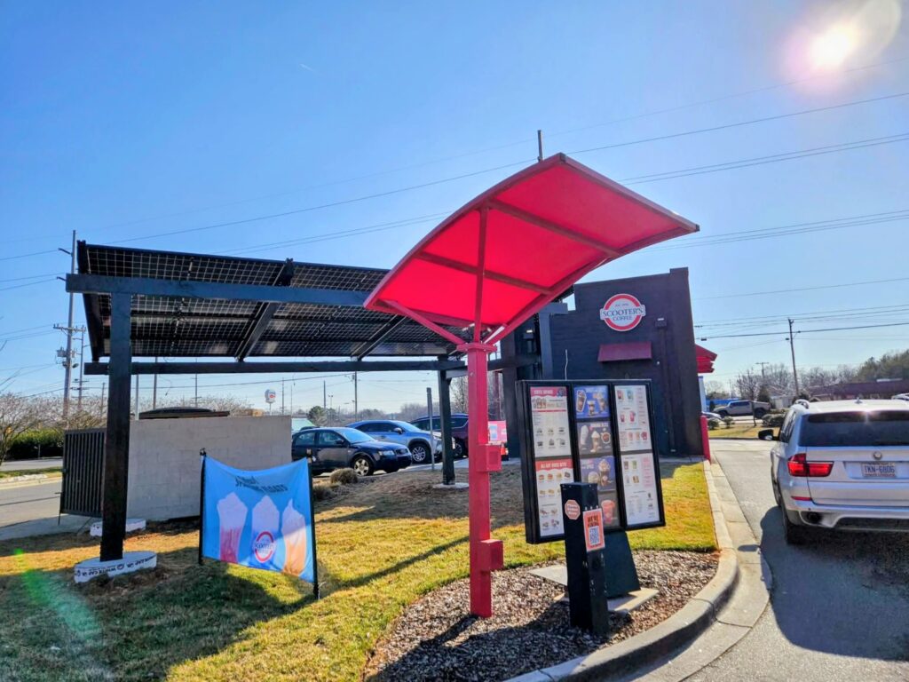 Solar pergola installed at a drive-thru coffee shop